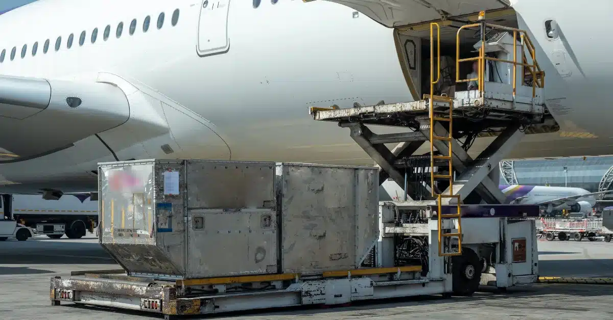 Air freight cargo being loaded onto an airplane