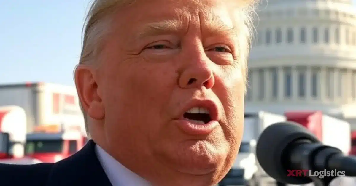 A man with light skin and blonde hair speaks into a microphone outdoors, with blurred trucks and a domed building in the background. The XRT Logistics logo appears in the lower right corner as he discusses trucking tax breaks.