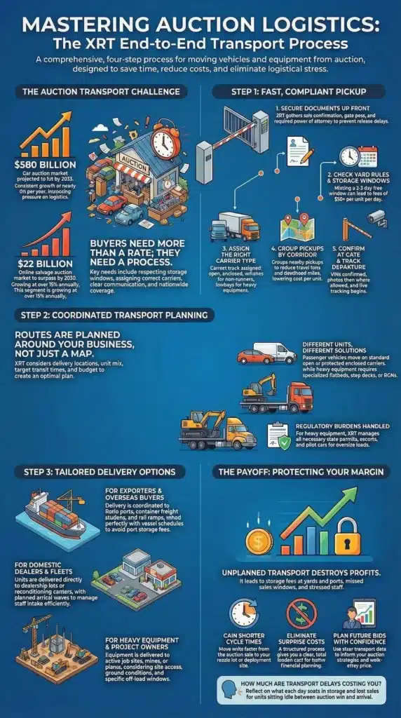 End-to-End Transport Solutions For Auctioned Vehicles And Equipment 1 Infographic titled “Mastering Auction Logistics” shows a four-step process for auctioned vehicle transport solutions, including challenges, planning, tailored delivery, and protecting profits, with illustrated vehicles, icons, and data on costs and efficiency.